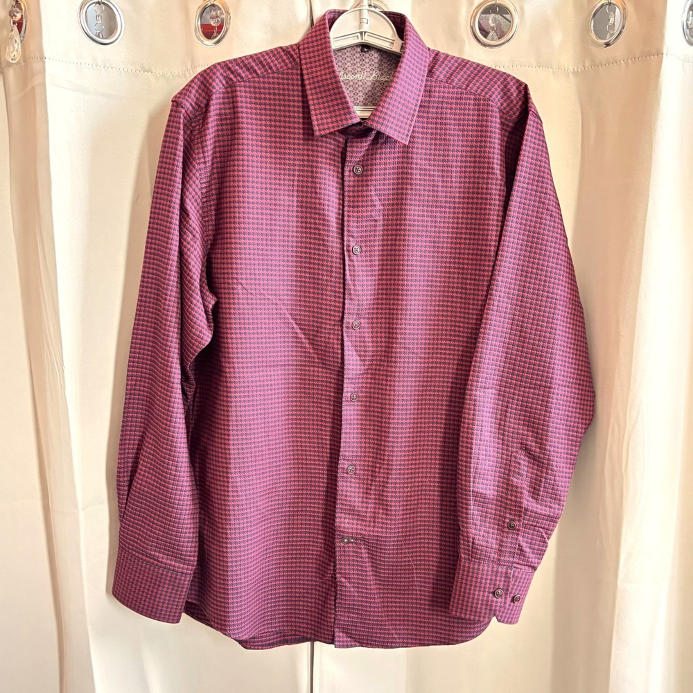 Visconti‎ Black Mens Houndstooth Dress Shirt Long Sleeve Red Black Large 19524
